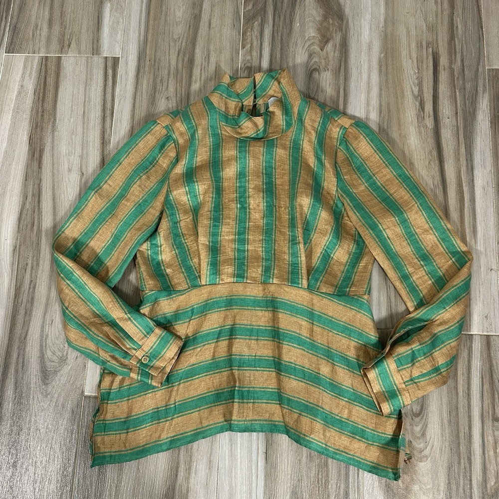 RACHEL COMEY Cultivate Mock Neck SZ 4 Blouse Linen Blend Green Gold Classic Chic